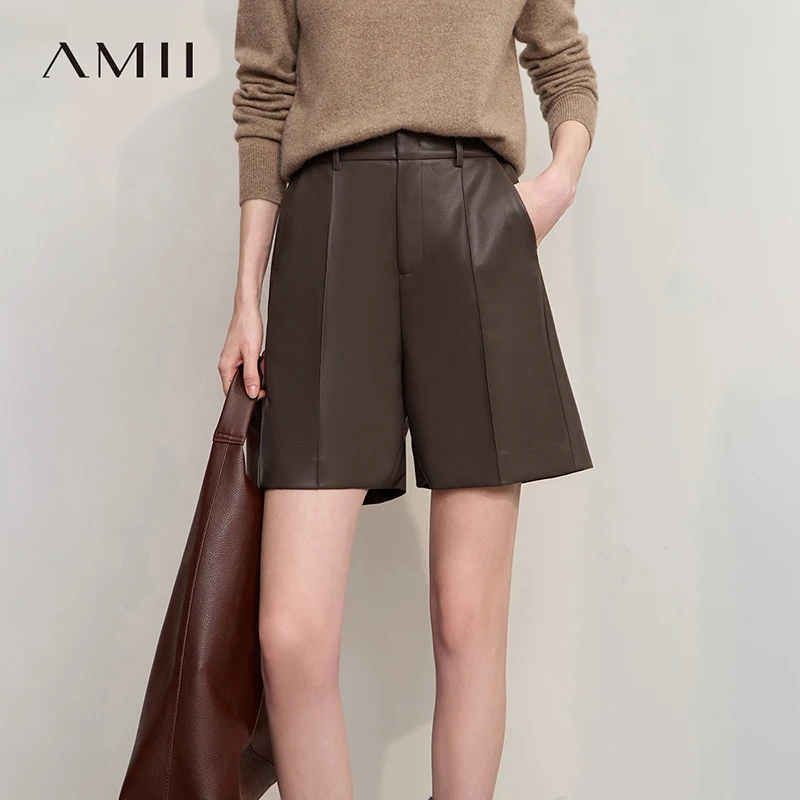 AMII Short Woman 2025 Pantaloncini non elastici in pelle minimalista invernale per le donne Pendolari Solid Versatile Abbigliamento donna 12524079