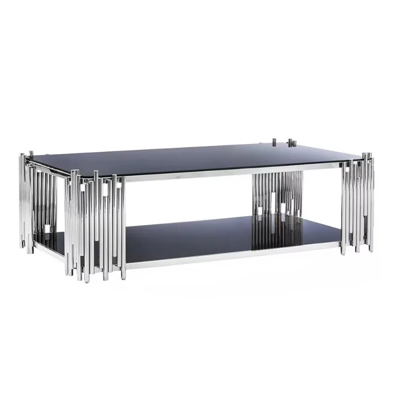 

# Postmodern Square Tempered Glass Coffee Table with Decorative Artistic Lines and Stainless Steel