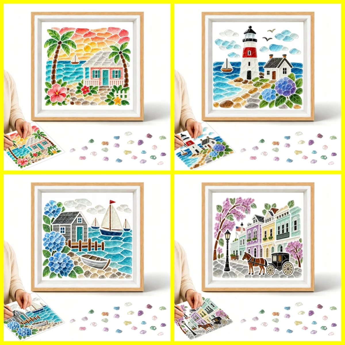 1 Piece of sea glass acrylic Mosaic set, sea view house Pattern with photo frame, no glue, Handmade DIY mother's Day gift