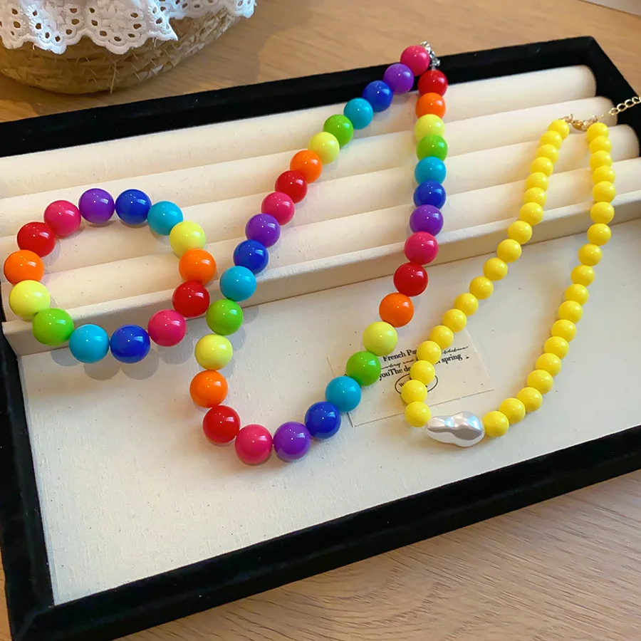 Dopamine-enhanced colored acrylic round beaded adjustable necklace and bracelet set