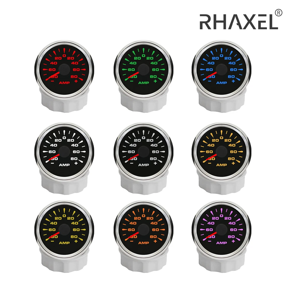 

RHAXEL 52mm (2'') Ammeter Gauge Indicator 80A 12V 24V with Current Sensor with 8 Colors Backlights for Auto Yachts Truck