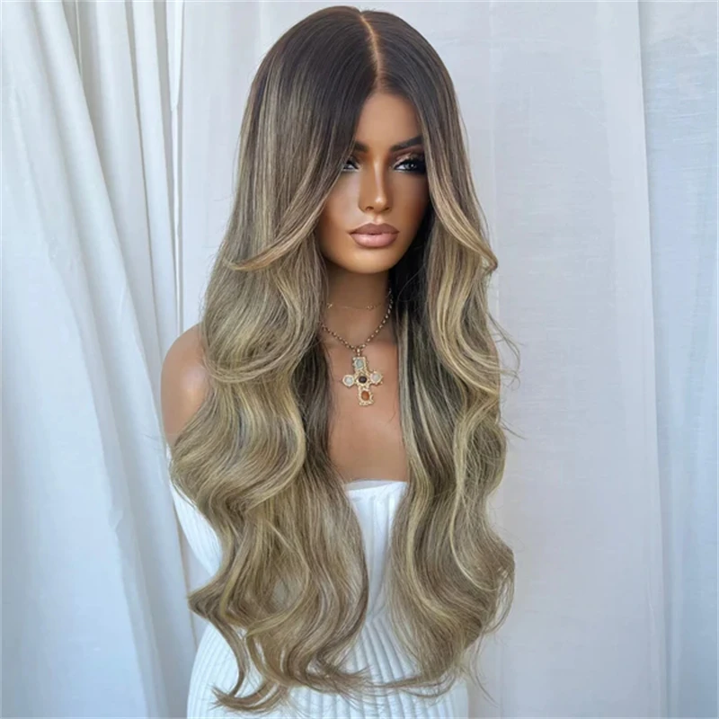 Ombre Ash Blonde Brown Highlights Synthetic HD Lace Front Wig Preplucked Hairline Free Part  30 Inch Super Long Body Wave Wig