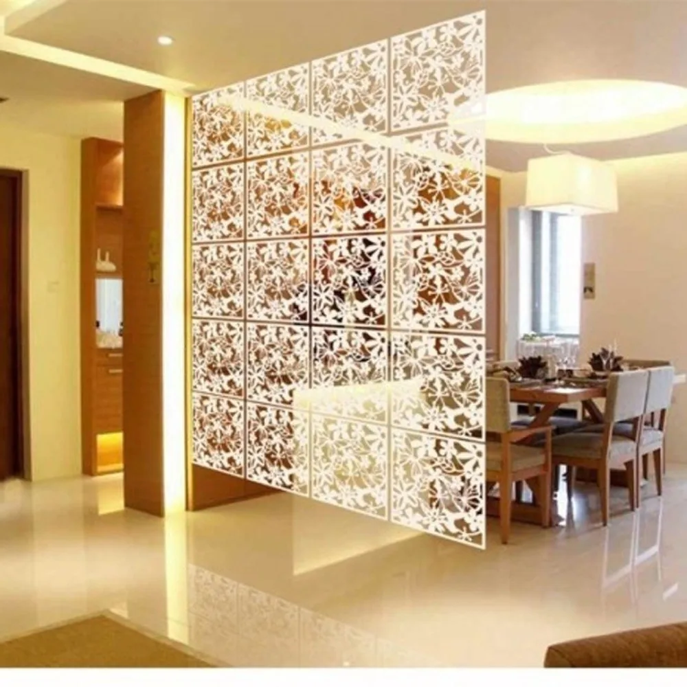 9Pcs Hollow Pattern Hanging Partition Screen Flower Carving Minimalist Room Divider Curtain Square Shape No Drilling