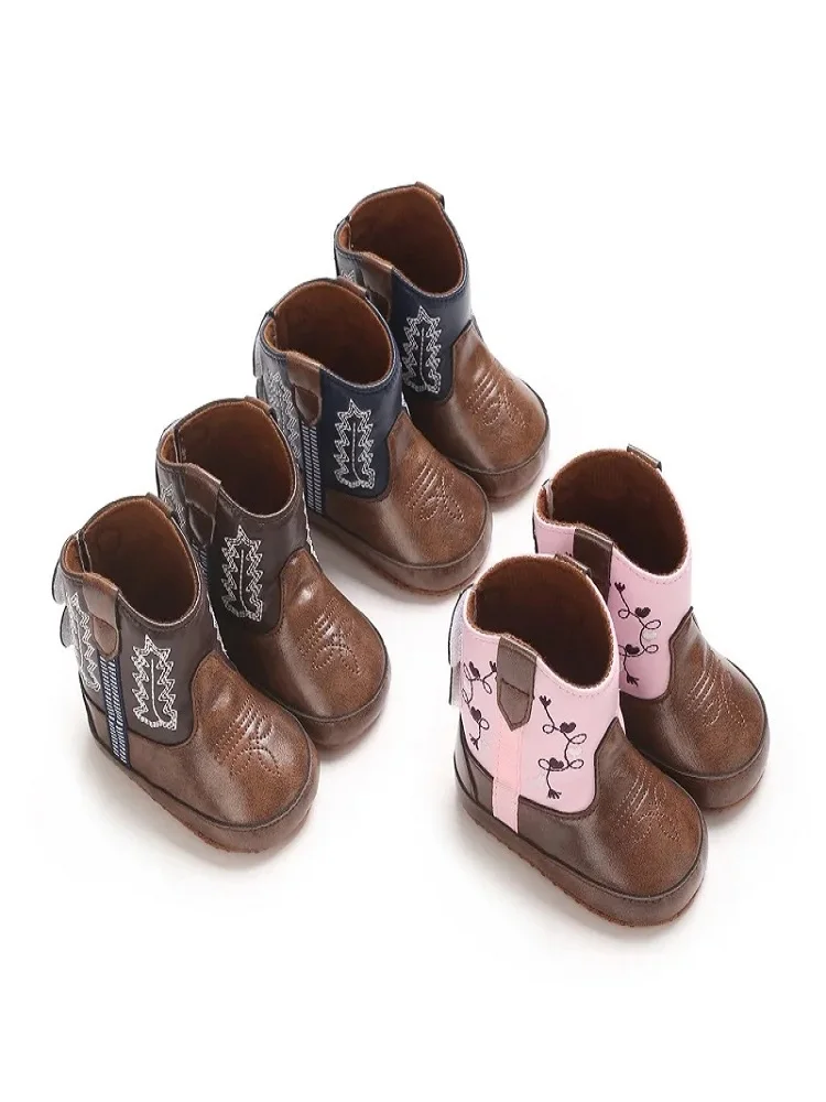 Chaussures pour bébé à la mode, bottes à semelle intermédiaire en denim de style occidental, chaussures de marche chaudes et décontractées pour bébé de 0 à 18 mois, automne et hiver
