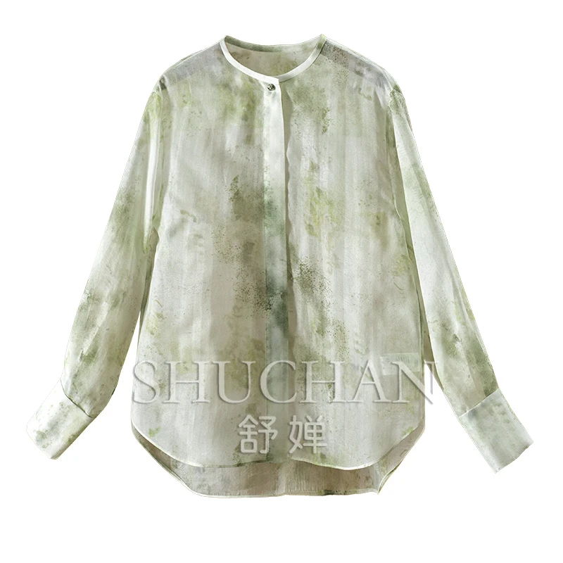 New Chinese Silk Eugen Satin Smudge Print Jacquard Button Shirt Women 38A2 Blusas Mujer De Moda 2025 Verano
