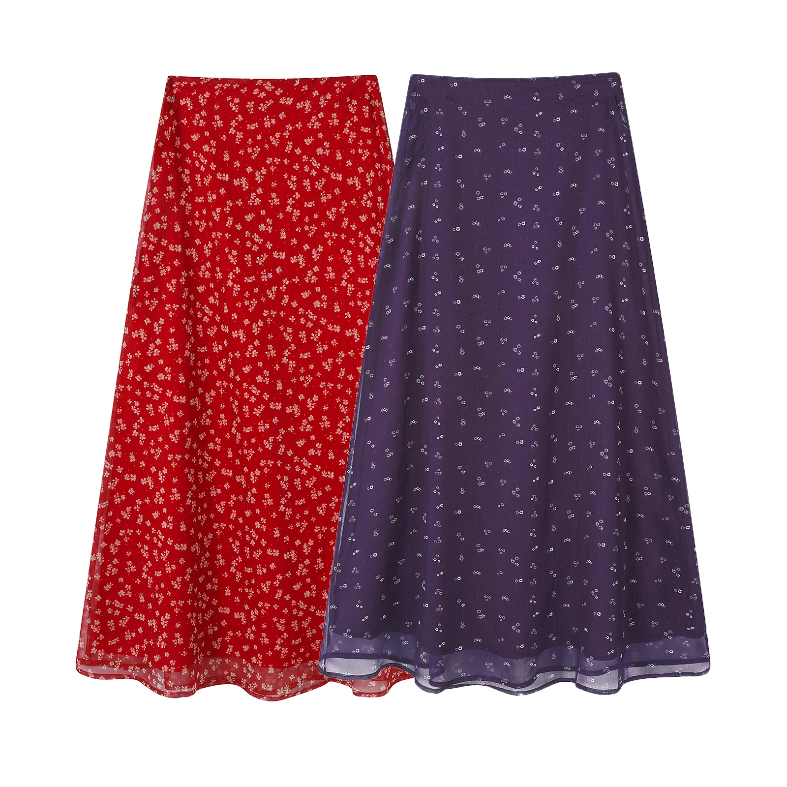 

Retro Purple Floral ter Ne Dr Women's Summer New High Waist Midi Skirt Beautiful A-Line Gown Ele Thin A-Line