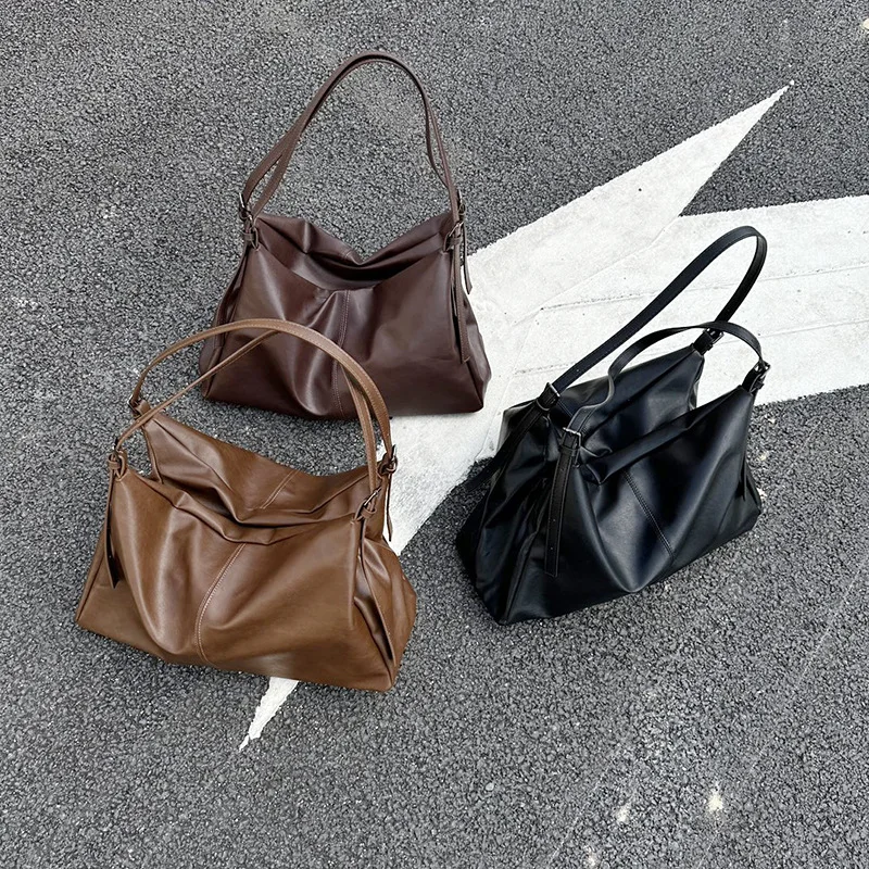 

Vintage Soft Faux Leather Tote Bag Casual Ruched Hobo Shoulder Bag
