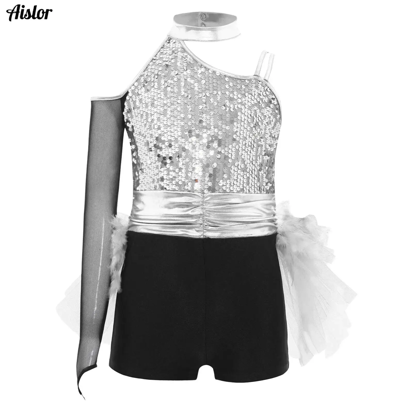 

Kids Girls Latin Jazz Dance Jumpsuit One Shoulder Sparkly Sequins Bodice Feather Tulle Tutu Skirted Leotard Stage Competition