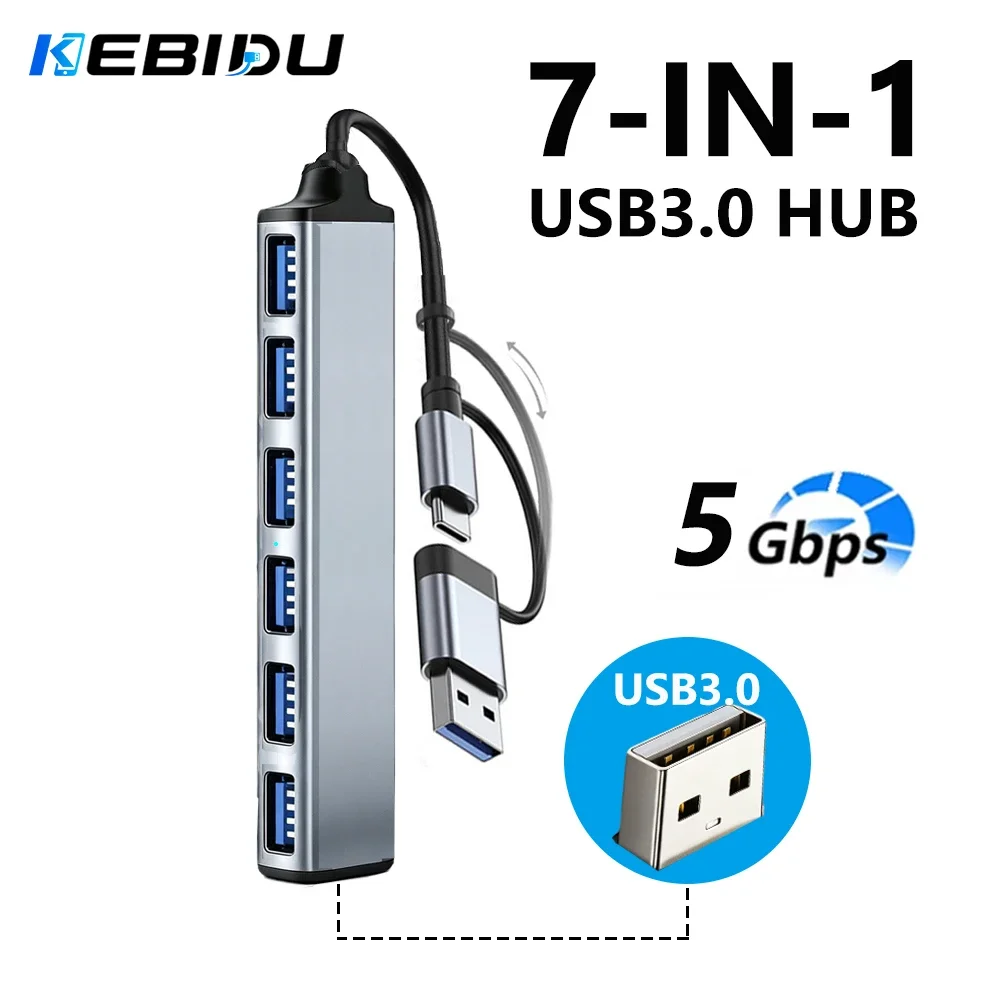 KEBIDUMEI USB 3.0 HUB 7 In 1 Docking Ststion USB-A Type-C Expander Splitter High Speed OTG Adapter Free Driver For PC Laptop