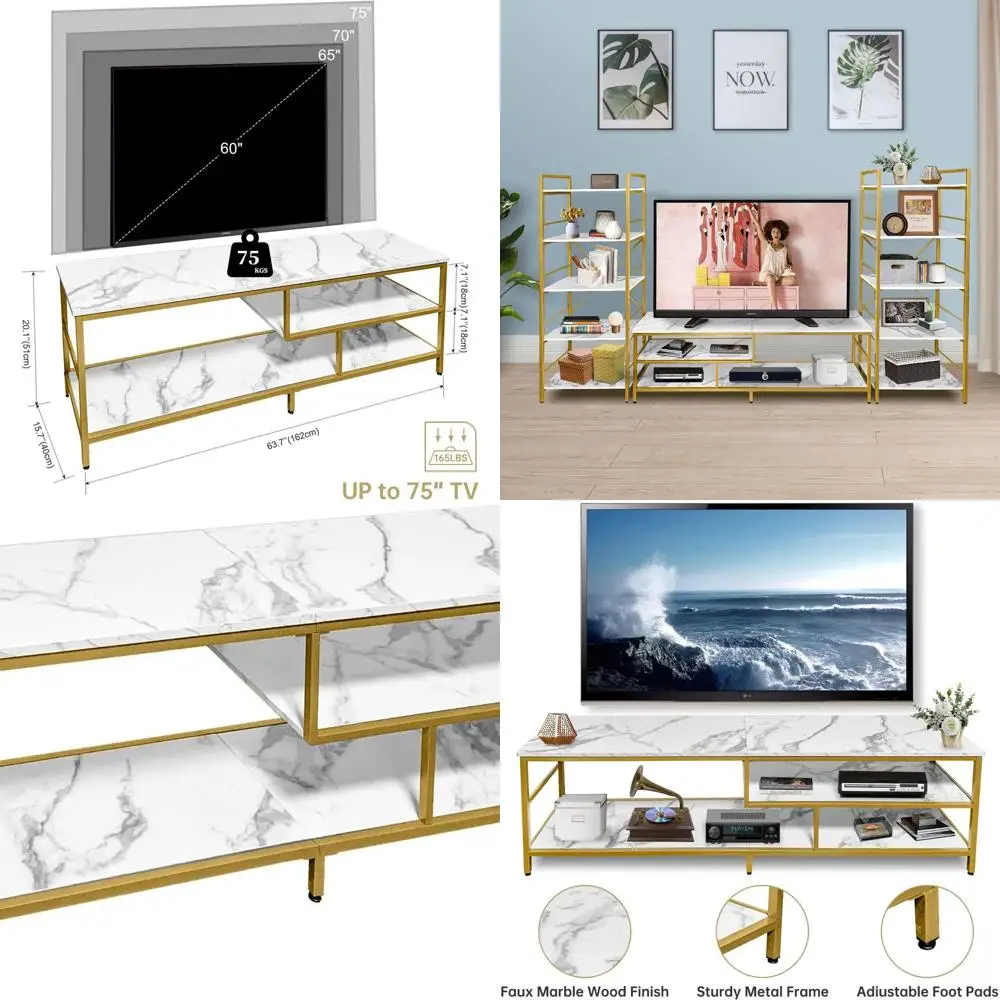 Gold Metal & MDF 3-Tier TV Stand for 55-75 Inch TVs with Storage Cabinets for Living Room Entertainment Center