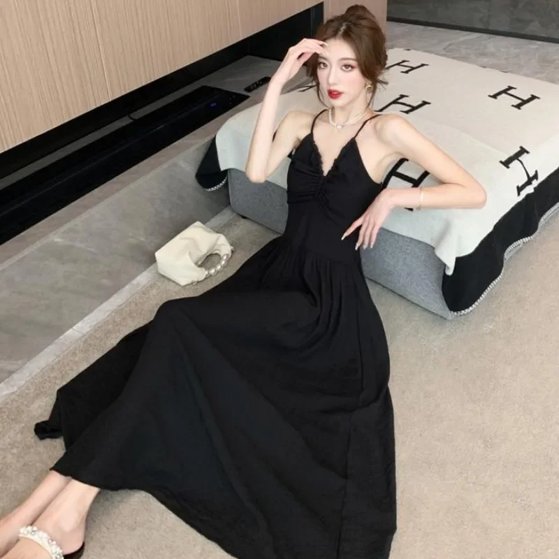 Sleeveless Dresses Women Black Graceful Temperament Summer Ladies Backless Lace-up Sexy Holiday Beach Style Attractive Ulzzang