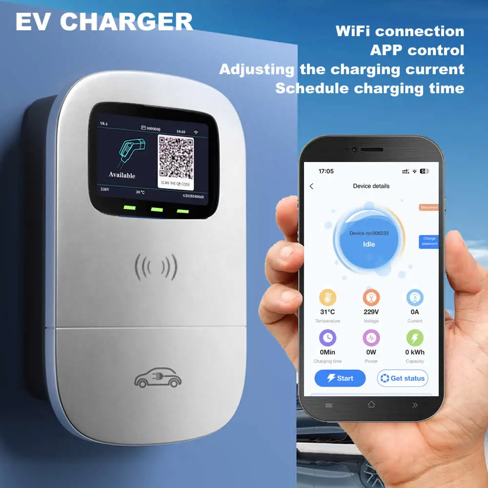 JIGU EV Charger 32A 7.6KW Electric Vehicle Car Charger EVSE Wallbox 11KW 22KW 3Phase Type2 Cable IEC62196-2 APP Control WiFi