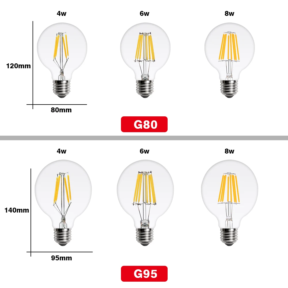 레트로 LED 에디슨 전구, 가정용 LED 필라멘트 전구 램프, 빈티지 유리 전구, 촛불 조명, E27 E14, AC220V, G45, A60, ST64, G80, 10 개/로트