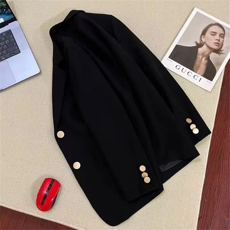 

Black Casual Women's Suit Jacket for Autumn 2025 Trendy Small Size Street Style Commute Style Polyester Fabric Regular Thickness