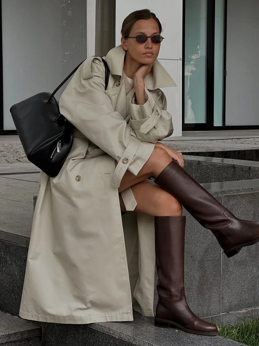 Bornladies جديد الخريف الشتاء المرأة الرجعية طويلة خندق معطف مكتب سيدة فضفاضة مربوط الخصر موضة ملابس خارجية جاكيتات