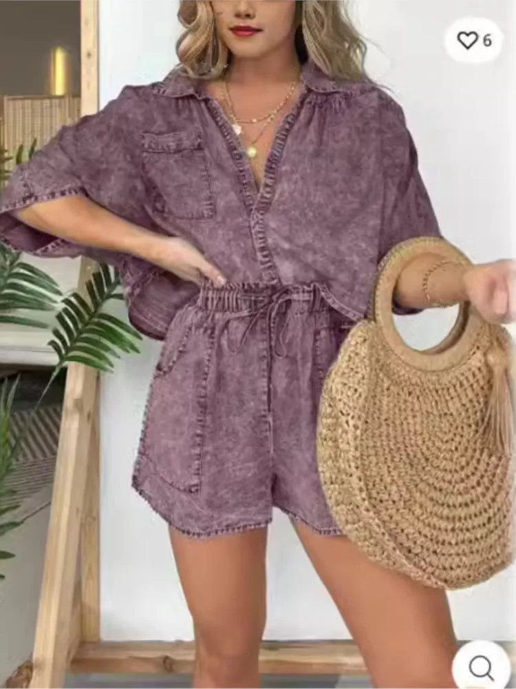 Moda vintage denim azul shorts terno para as mulheres verão nova moda simples bolso corda casual solto topos 2 peça conjunto feminino