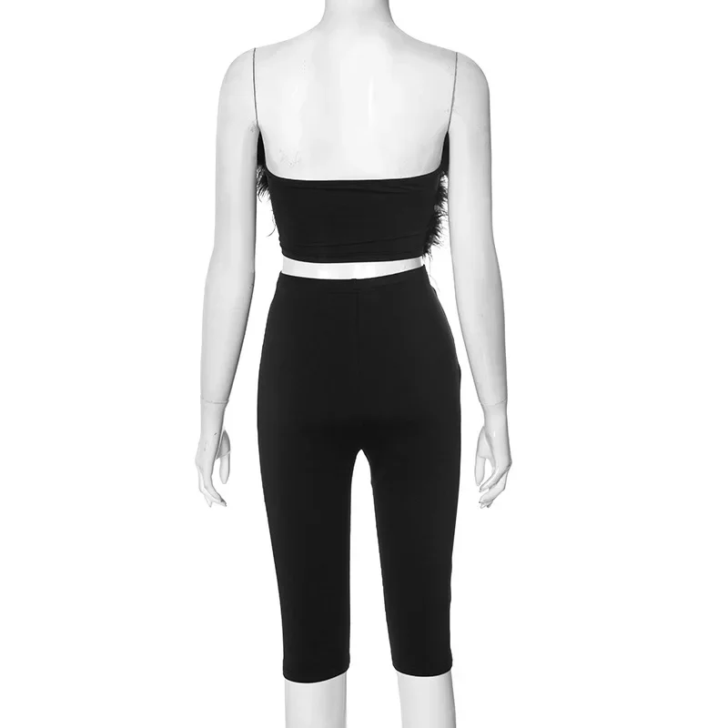 2025 Autumn Women Sexy 2 Piece Set Fluffy Faux Fur Tube Tops + High Waist Skinny Capris Pants Fashion Suits Party Clubwear