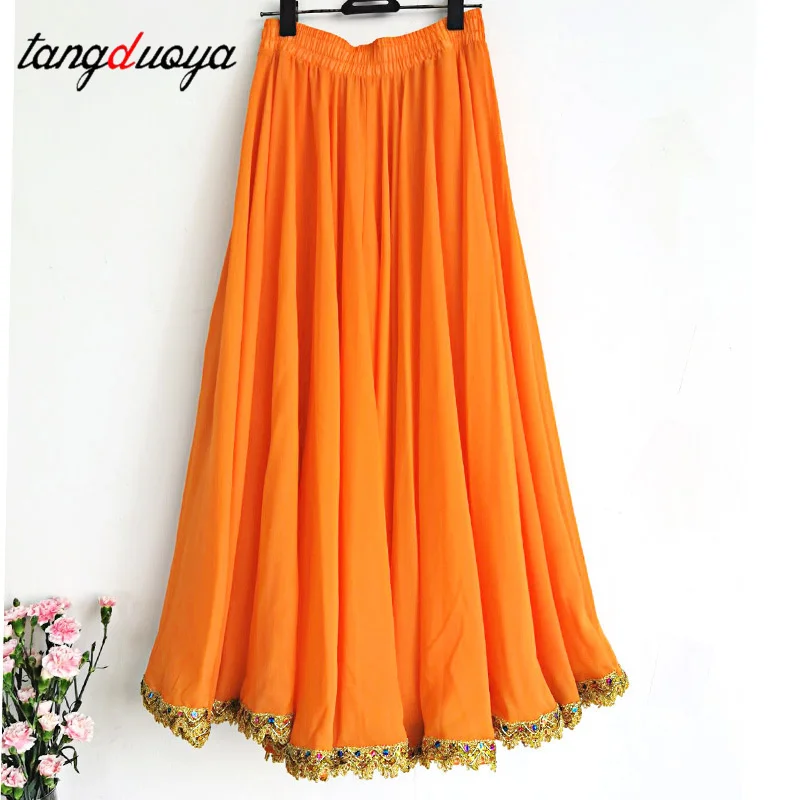 Women's 720 Degree Dance Skirt Sequined golden-edge ethnic dance dress Big Swing High Waist Long Skirt Dance Performance Costume