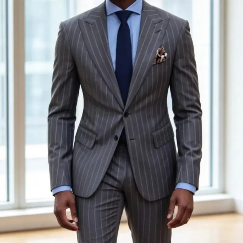 

Classic Business Grey Striped Men Suits Groom Tuxedo for Wedding 2 Buttons Groomsmen Casual Male Suit 2 Piece Sets(Jacket+Pants)