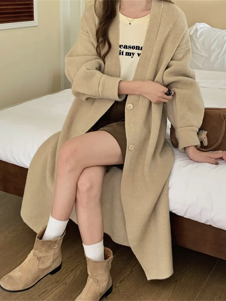 

Вязаный свитер длиной до колена, пальто, женский повседневный длинный све, корейский сле, осенне-зимняя верхняя одежда, удобный трикотаж, топ