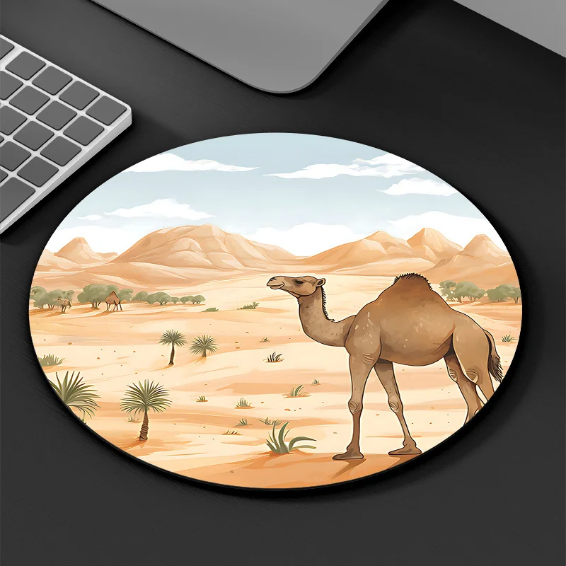 Desert camel printed round mousepad is made of anti-slip rubber is durable is suitable for gamers workers and tech enthusiasts
