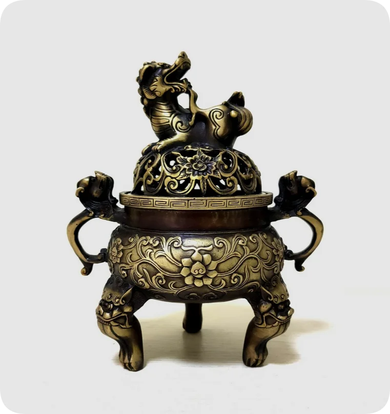 17cm antique old Bronze Signed lucky dragon lion Statue Incense Burners Censer