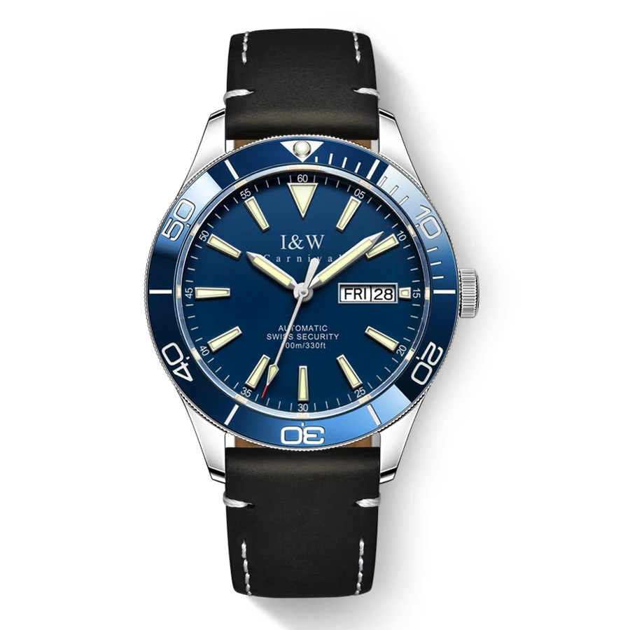 

I&W Men Automatic Watch 41mm Mechanical Wristwatch Diver 100m Waterproof Luminous Sapphire Mirror Dual Calendar Week Date
