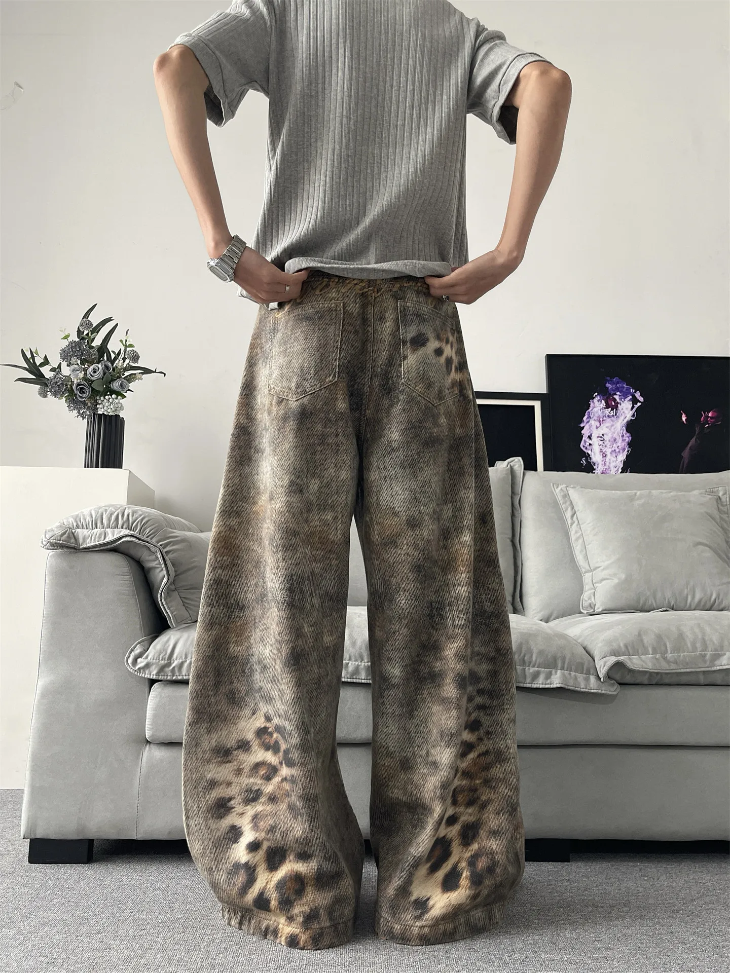 Summer New 3D Leopard Print Men's Jeans American Casual Fashion High Street Retro Street Style Splicing Loose Denim Pants