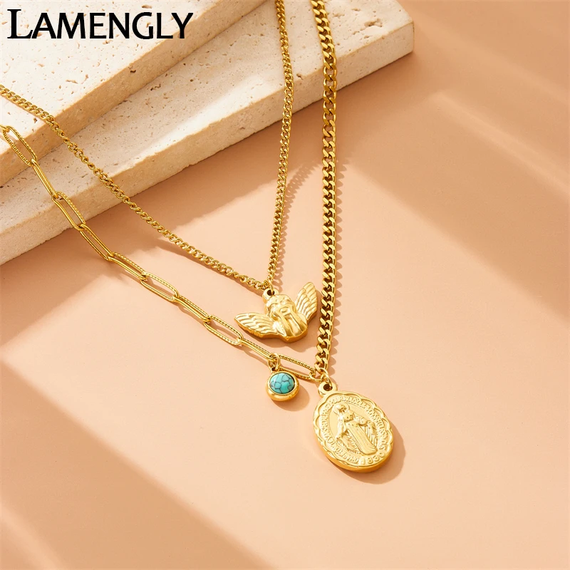 LAMENGLY High Quality 316l Stainless Steelcreative Angel Character Styling Pendant Necklace Women Personal Neck Chain Jewelry