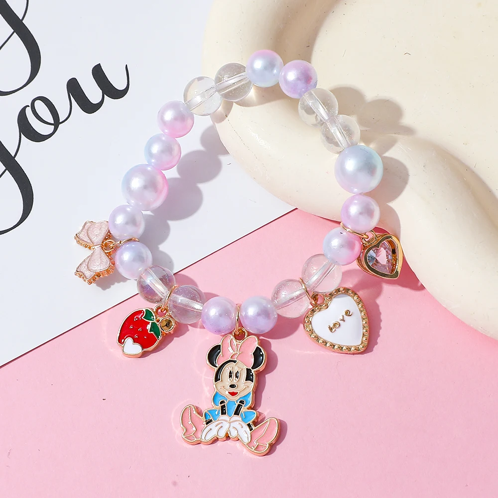 Disney Minnie Mouse Crystal Bead Charm Pulseira Elegante Pingente Joias para Mulheres e Meninas