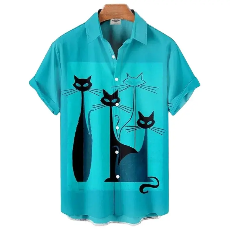 Men\'s Oversized Cat Pattern Masculine Summer Hawaiian Shirt Social Floral Camisole Cartoon Men\'s Graffiti Clothing New Style