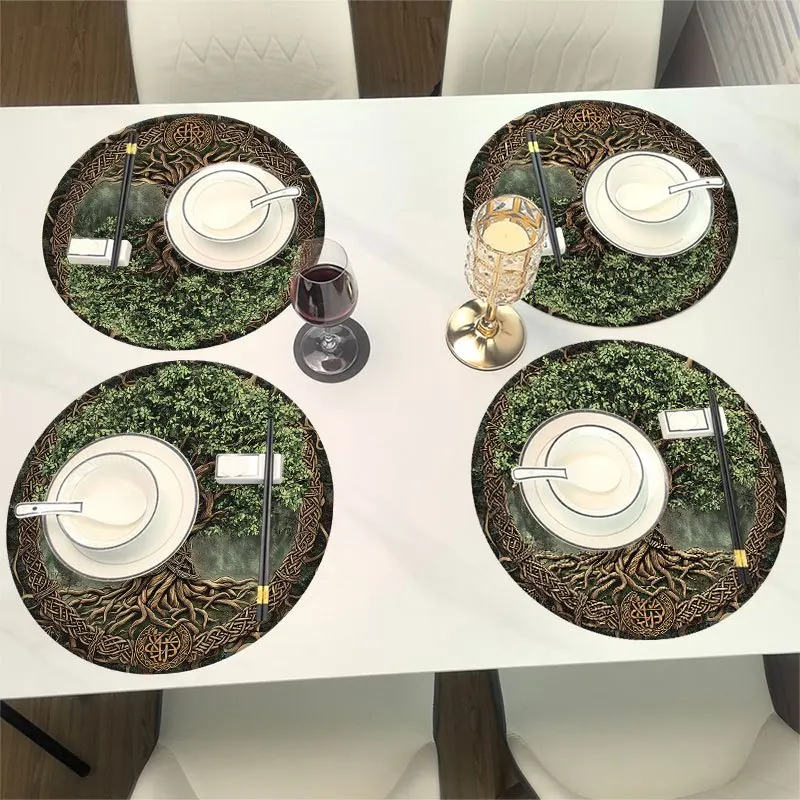 VIKAMA Celtic Tree of Life Round Placemat Vintage Knot Table Mat Waterproof Heat Resistant Plate Pad Nature Dining Decor