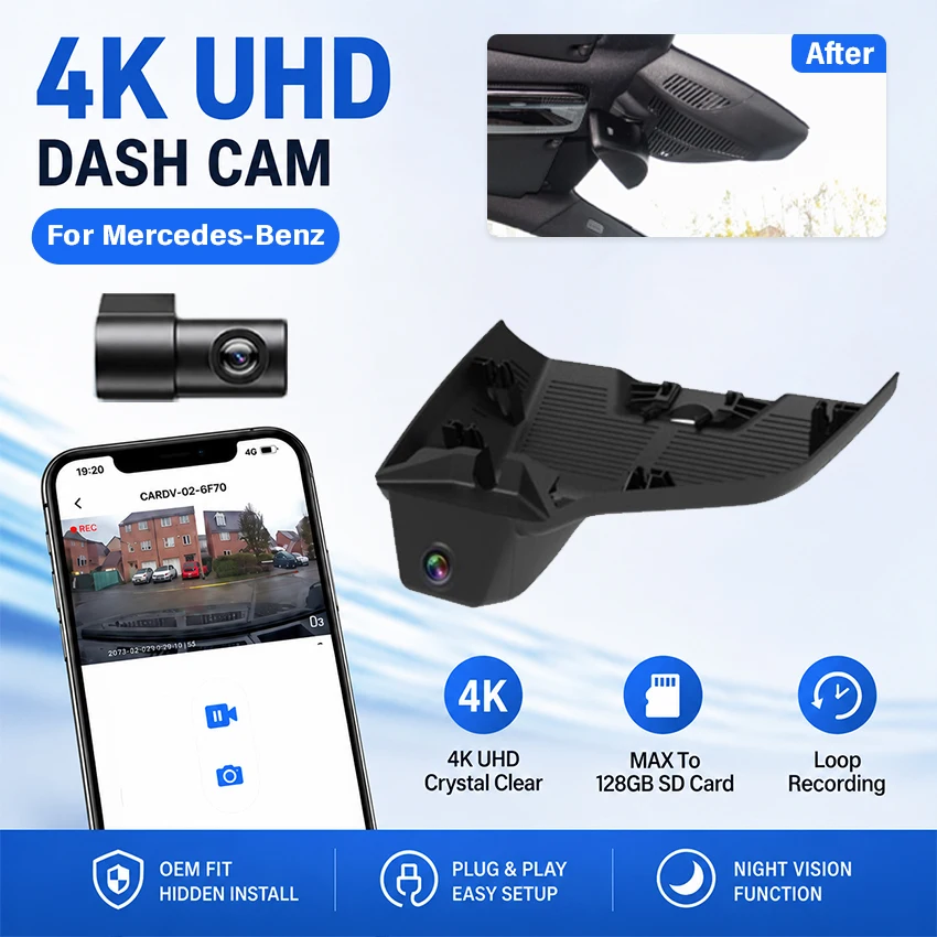 4K Hidden Plug and Play Car DVR Dashcam for Mercedes‑Benz E‑Class W214 2024‑2026, WiFi APP Control Night Vision Video Recorder