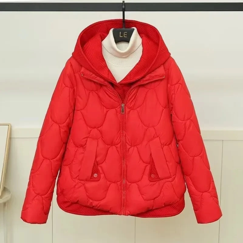 

Fake Two Knitted Hooded New Short Down Cotton Jacket 2025 Women's Winter Korean Loose Thicken Bread Coat Female Parker Overcoat