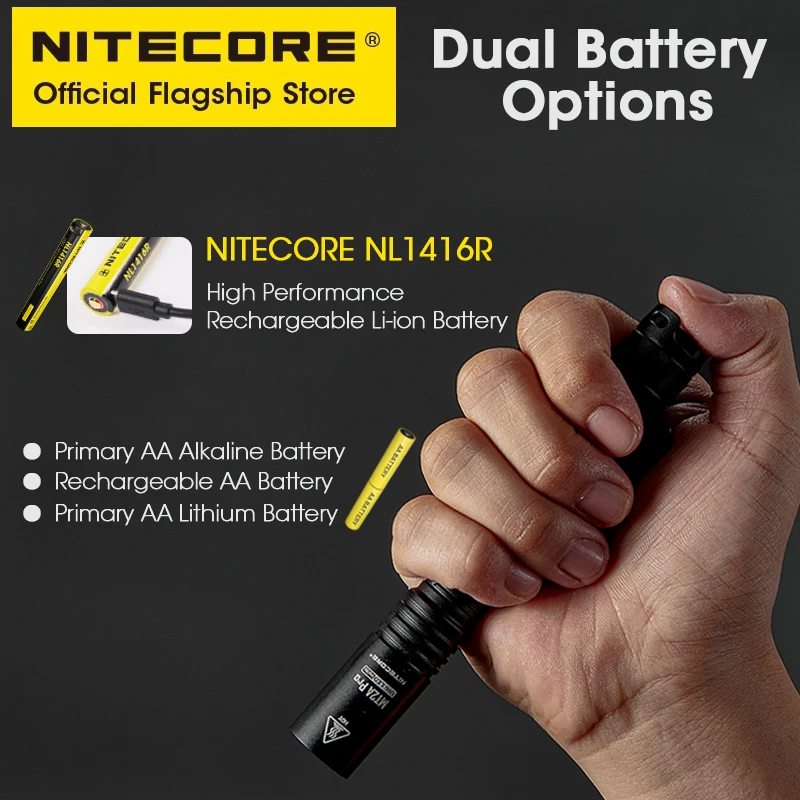 NITECORE MT2A Pro EDC Pocket Flashlight 1000 Lumens AA Torch UHi 20 LED Beam, NL1416R USB-C Rechargeable 14100 Li-ion Battery