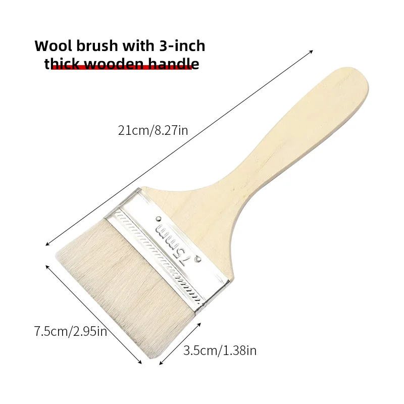 2 soft bristled brushes with wooden handles, 3-inch paint brush, paint brush, cleaning brush