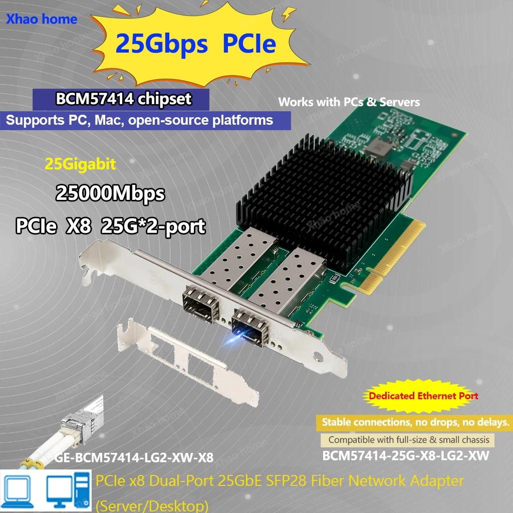 BCM57414 Dual-Port 25G SFP28 PCIe Fiber Network Card Industrial Grade 25000Mbps Server NIC for Workstations & Data Centers