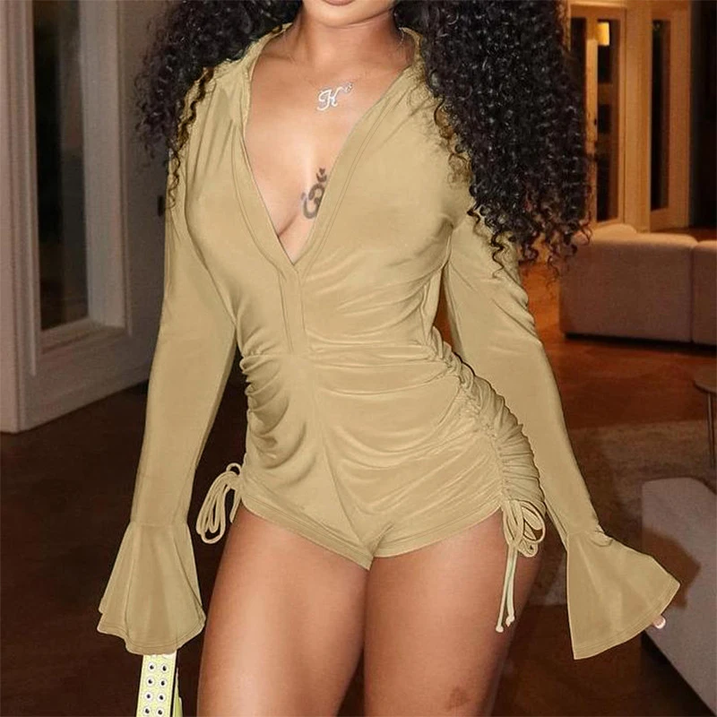 BKLD Ladies Flare Sleeves High-waisted Skinny Side Drawstring Folds Design Deep V-neck Lapel Playsuits Club Streetwear For Women