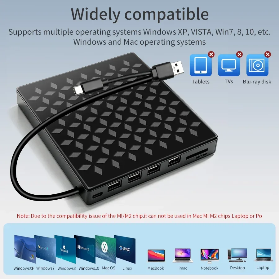 External DVD Drive USB 3.0 Type-C 7 in 1 CD DVD Burner Writer Reader Portable Optical Drive for Laptop Desktop Mac Windows Linux