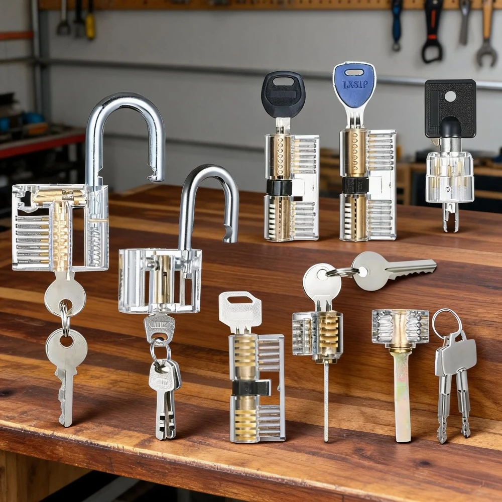8 PCS Visible Practice Lock Set Transparent Padlock Tubular Lock Picking Training Locksmith Tools Lockpicking Set for Beginners