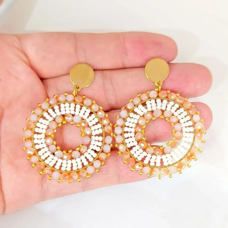 Bohemia Rice bead earrings Dimetric Orange color Crystal Hand weaving  Alloy Versatile Popular Hollowed-out Beaded earrings