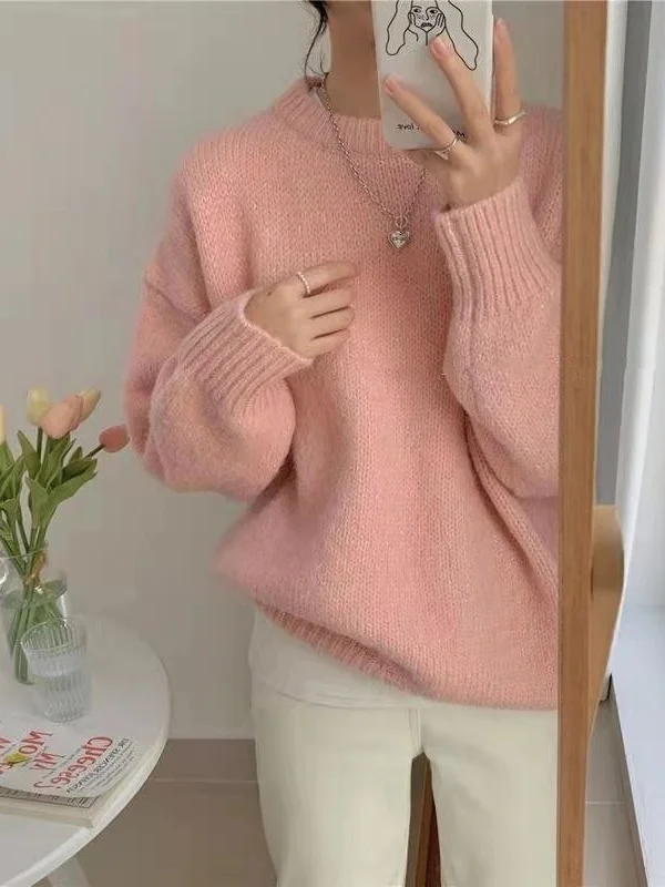 

Женский мягкий уютный свитер на голову, свободный крой, вязаный круглый топ Ne для осени и зимы, Новое поступление, универсальный базовый чистый цвет