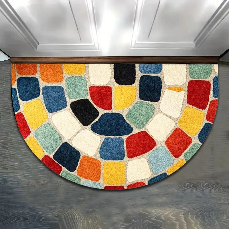 VIKAMA Half Round Colorful Cobblestone Mosaic Doormat Anti-Slip Absorbent Semicircle Entrance Rug Front Door Floor Mat Home