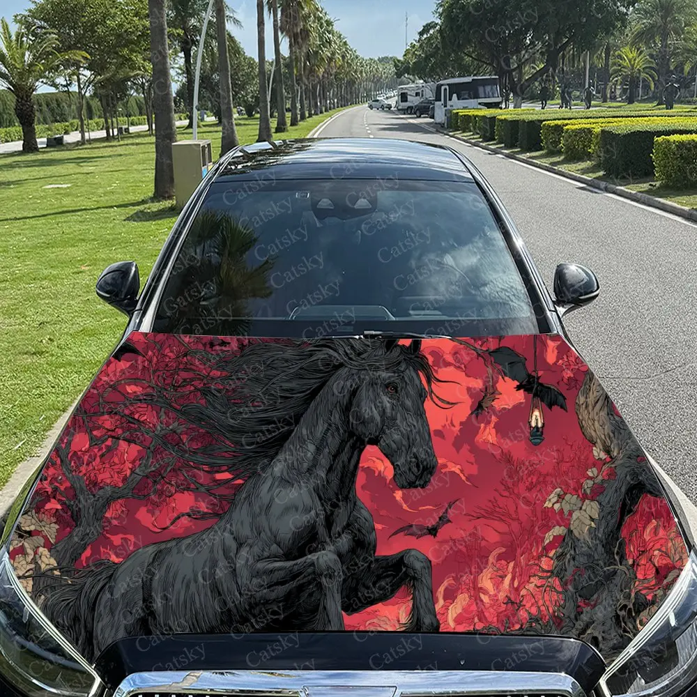 

Mysterious Fiery Black Horse Car Hood Stickers - Self-Adhesive, Waterproof and Durable Vinyl Wrap, Decorate And Protect Your Car