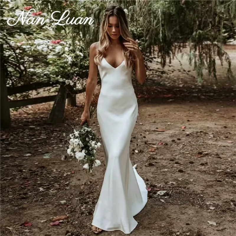 2026 Meerjungfrauen-Hochzeitskleid aus Satin mit Spaghettiträgern und überkreuztem Rücken, Vestidos De Novia, maßgeschneidert