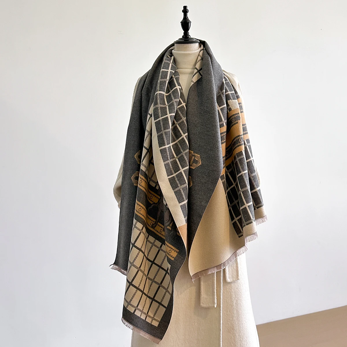 

Luxury Women's Thick Faux Cashmere Scarf - Winter Warm Vintage Plaid & Warhorse Print Soft Shawl for Travel & Daily Wear
