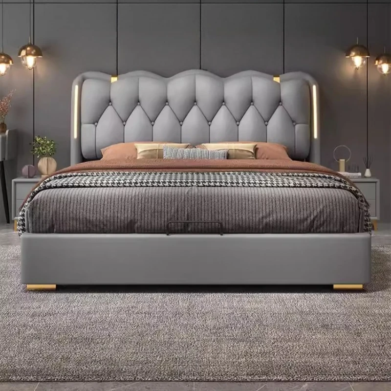 

king size leather bed 2 people 180x200cm Bedhead with lighting bedroom beds Modern elegant luxury design camas de dormitorio