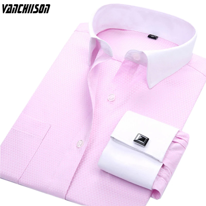 

Men Dress Shirt French Cuffs Dobby Fabric Plus Size 5XL 6XL 100KG 110KG for Summer Spring Long Sleeve Solid Pink 00607