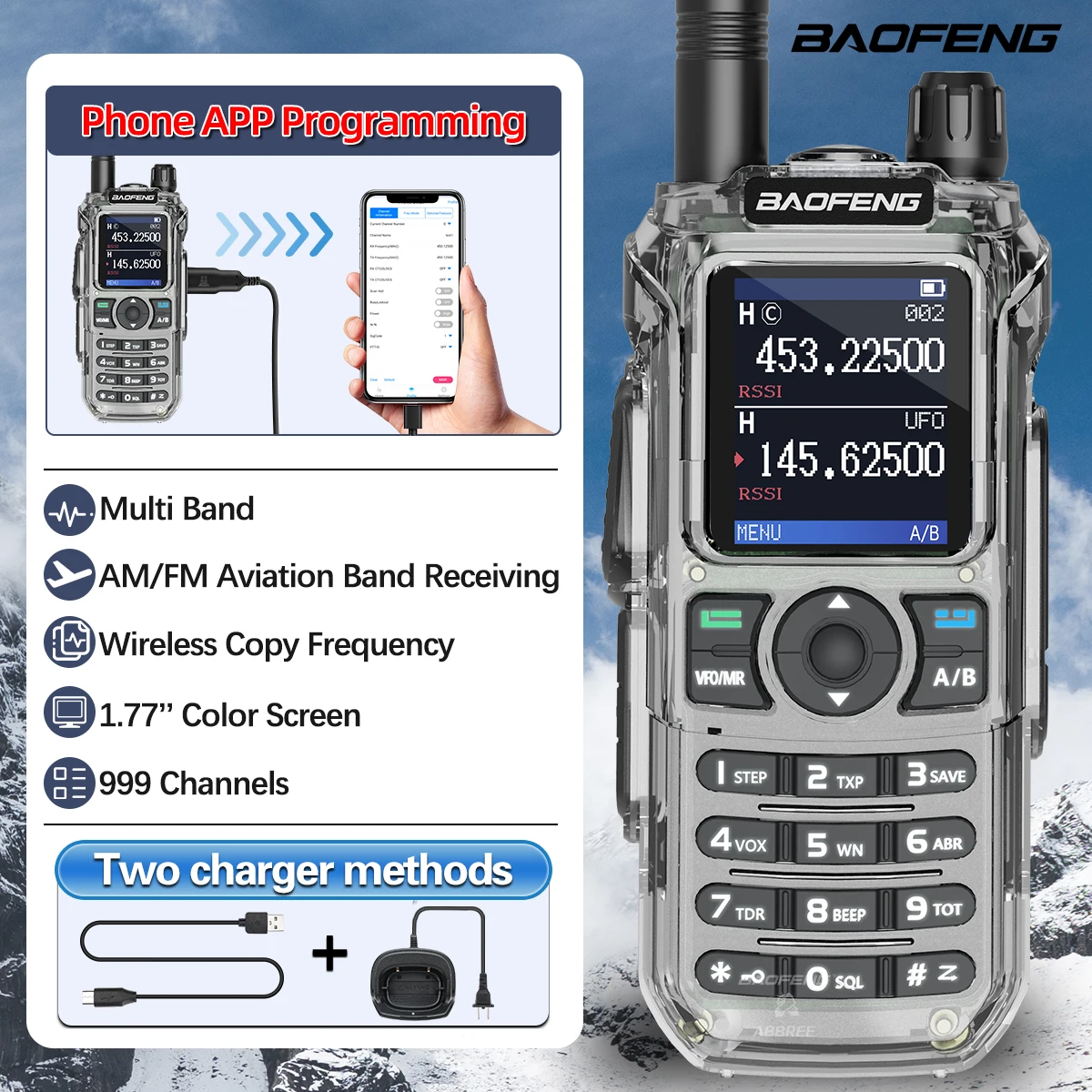 宝峰uv-21-pro無線機、ワイヤレスコピー周波数、ハイパワー、マルチバンド、type-c、スマホアプリプログラミングケーブル、双方向無線