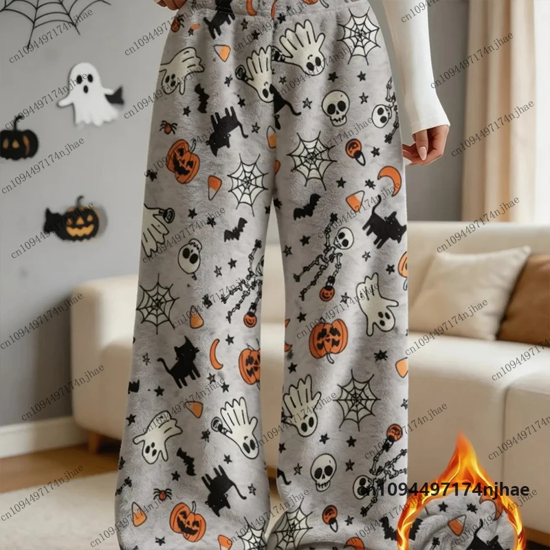 2026 Women's Halloween Pumpkin & Ghost Bat Skull Spider Web Print Flannel Pajama Pants Casual Home Sleep Pants Couple Long Pants